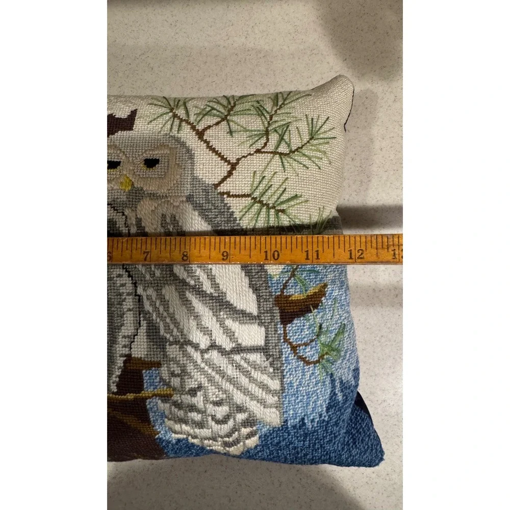 Vintage needlepoint 1976 Owl nesting in tree sky throw pillow 12x12